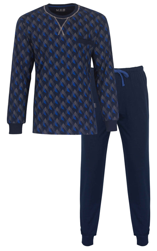 Blauwe heren pyjama set met geometrisch patroon op shirt en effen broek, gemaakt van 100% katoen