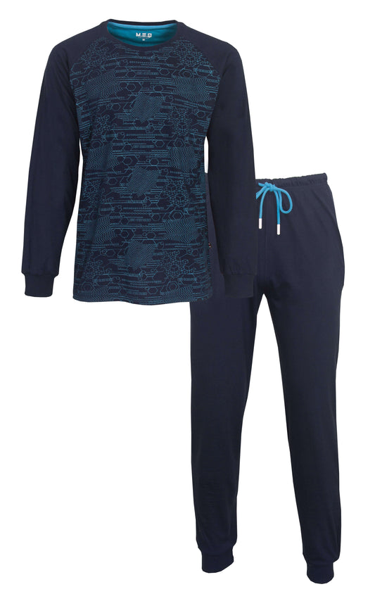Blauwe heren pyjama set met geprinte top en lange mougemaakt van 100% katoen met elastische boorden