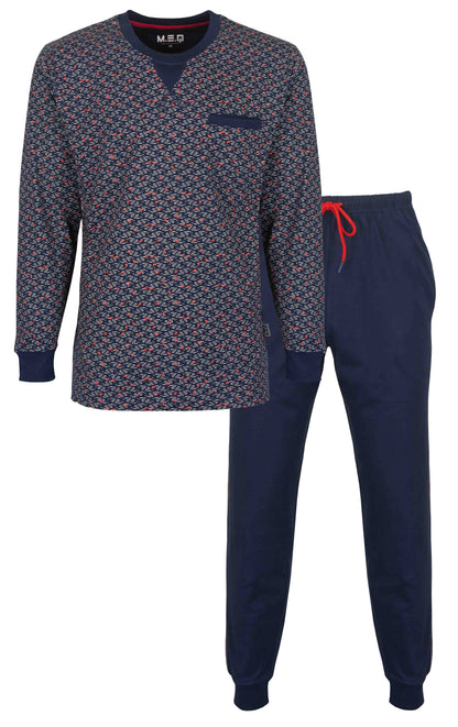Blauwe heren pyjama set met geprint shirt en lange broek, gemaakt van 100% gekamde katoen met ronde hals