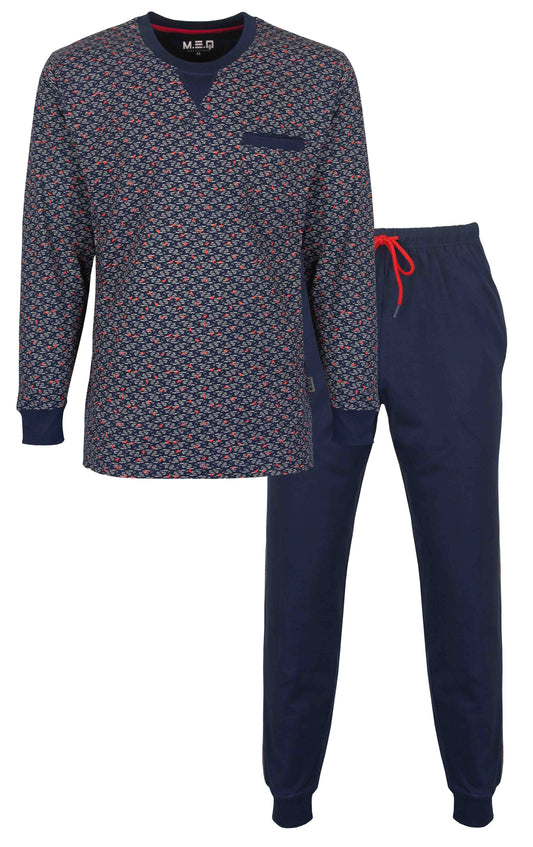 Blauwe heren pyjama set met geprint shirt en lange broek, gemaakt van 100% gekamde katoen met ronde hals
