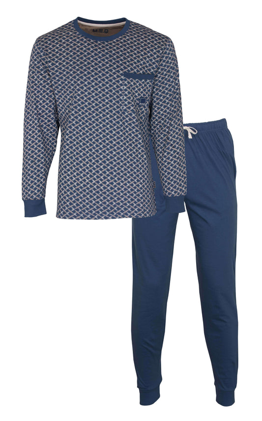 Blauwe heren pyjama set met geometrisch patroon op shirt en effen broek, gemaakt van 100% katoen