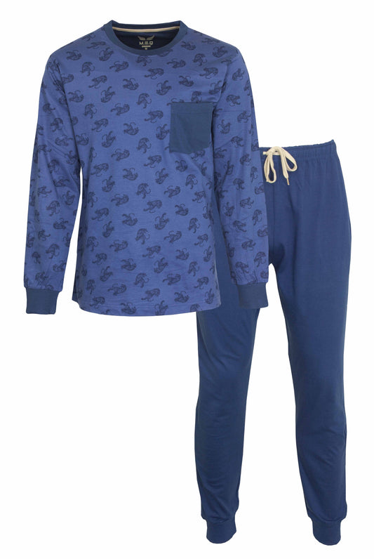 Blauwe heren pyjama met tijgerprint op shirt, lange mouwen, ronde hals, en effen broek met trekkoord
