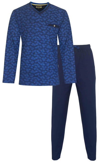 Blauwe heren pyjama met hexagon patroon en lange shirt, lange mouwen, V-hals en effen blauwe broek