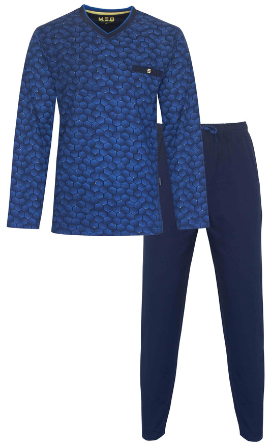 Blauwe heren pyjama met hexagon patroon en lange shirt, lange mouwen, V-hals en effen blauwe broek