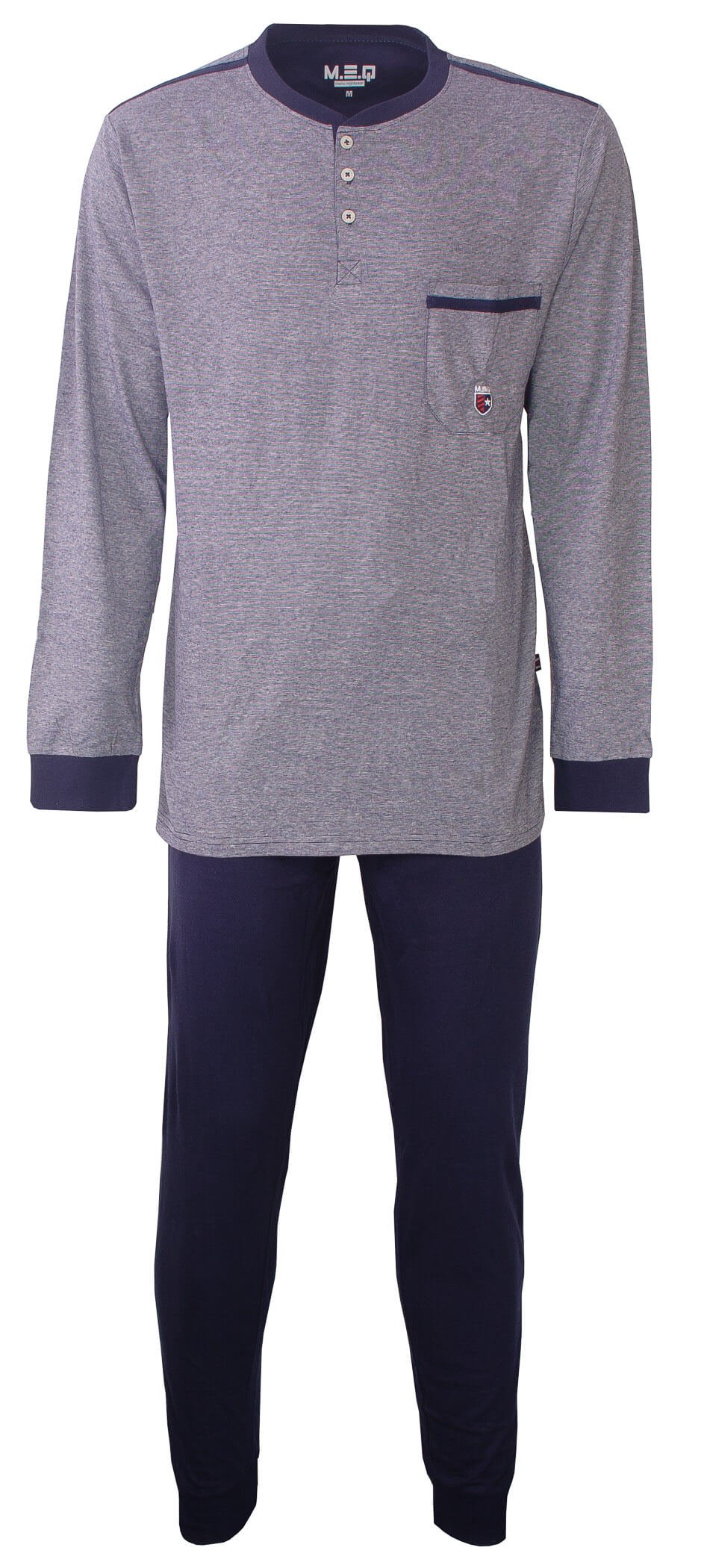 Blauwe heren pyjama met gestreept shirtte top, polo sluiting, bffen lange broek met elastische tailleband.