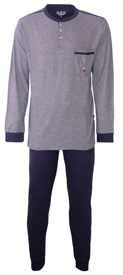 Blauwe heren pyjama met gestreept shirtte top, polo sluiting, bffen lange broek met elastische tailleband.