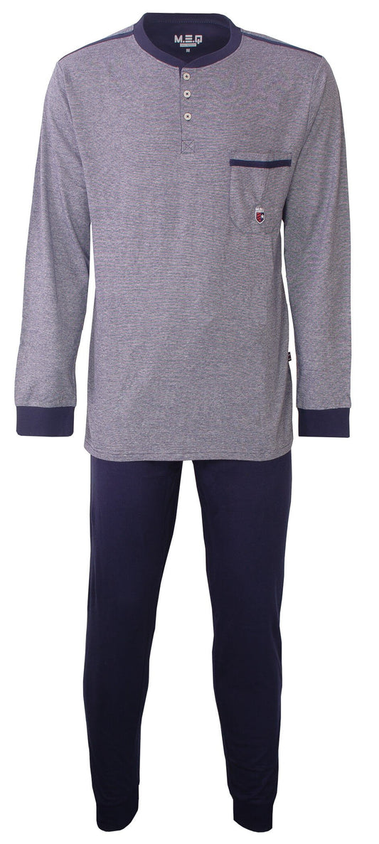 Blauwe heren pyjama met gestreept shirtte top, polo sluiting, bffen lange broek met elastische tailleband.