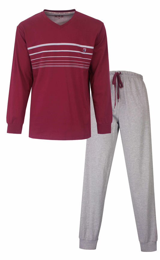 Bordeaux rode lange mouw pyjama top met witte strepen en grijze broek met bordeaux trekkoord
