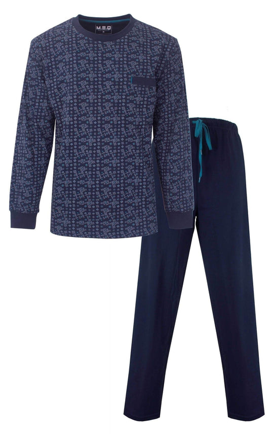 Donkerblauwe heren pyjama met geometrisch patroon op shirt en effen lange broek met trekkoord
