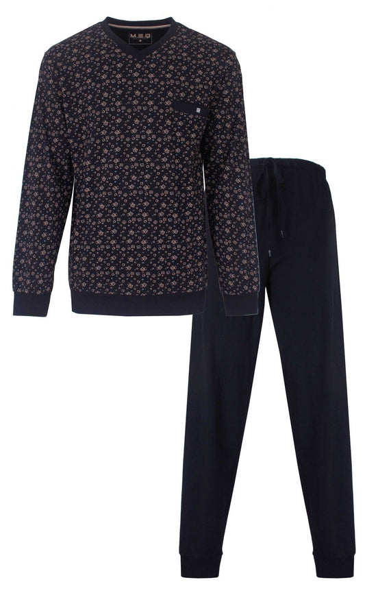 Donkerblauwe herenpyjama met geometrische print op het shirt en effen broek, lange mouwen en V-hals