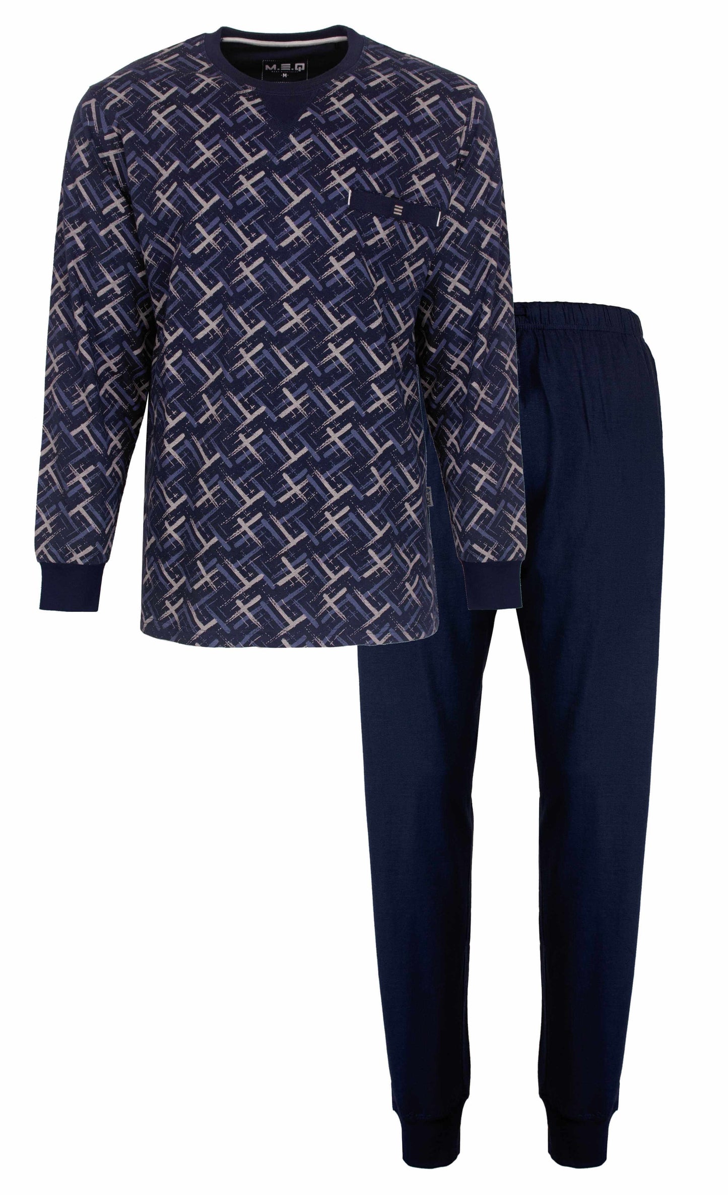 Donkerblauwe herenpyjama met geometrisch geprint dessin op shirt en effen lange broek