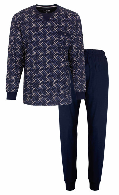 Donkerblauwe herenpyjama met geometrisch geprint dessin op shirt en effen lange broek