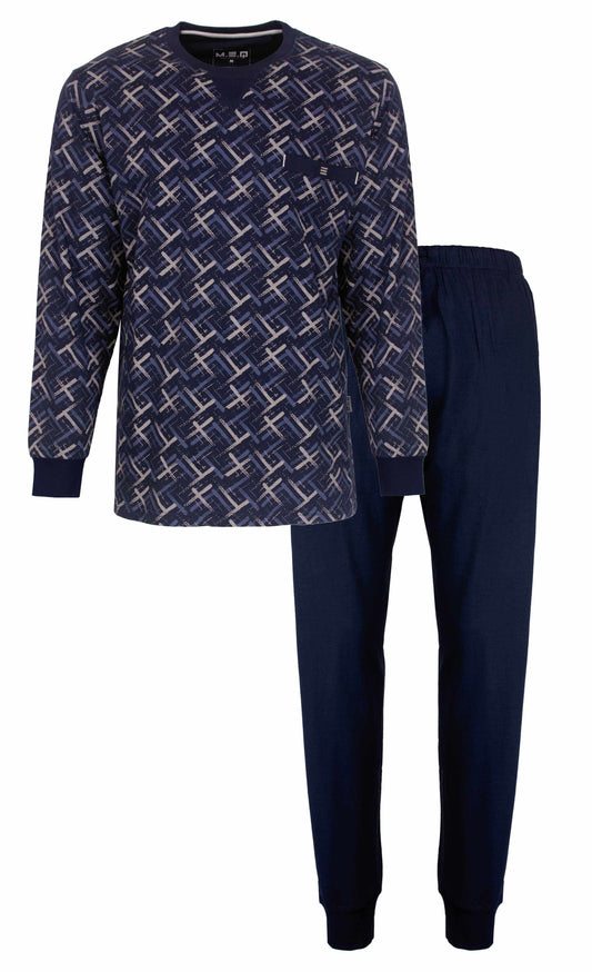 Donkerblauwe herenpyjama met geometrisch geprint dessin op shirt en effen lange broek