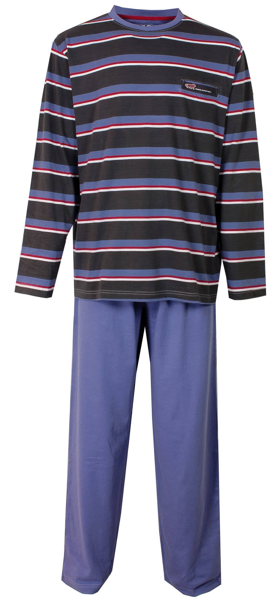 Heren pyjama set met gestreepte top in blauw, zwart en rood, en effen blauwe broek van gekamde katoen.