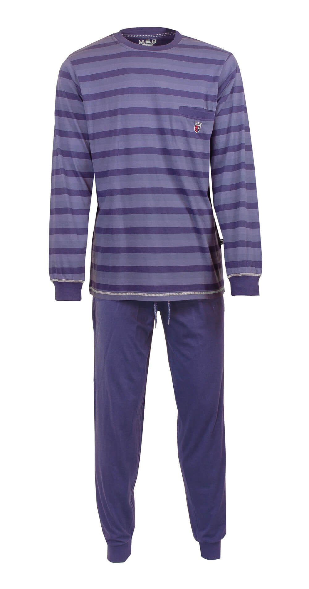 Blauwe gestreepte heren pyjama set met lange mouwen en broek, gemaakt van katoen met MEQ logo op de borst.
