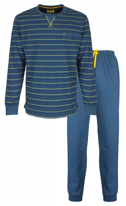 Blauwe heren pyjama met gele strepen. Lang shirt met ronde hals en lange broek met geel trekkoord.