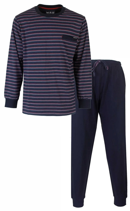 Blauwe gestreepte heren pyjama met lange mouwen en bijpassende effen broek met trekkoord