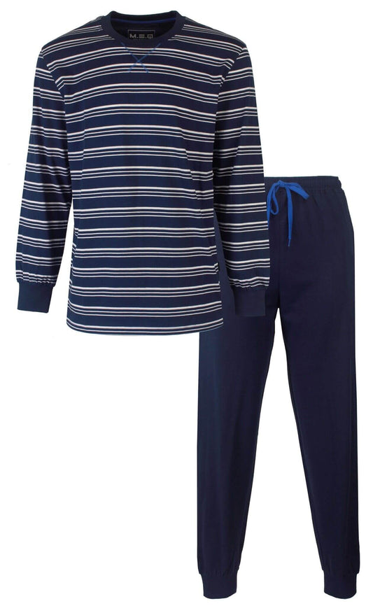 Blauwe gestreepte heren pyjama met lange mouwen en bijpassende effen broek met blauwe trekkoord