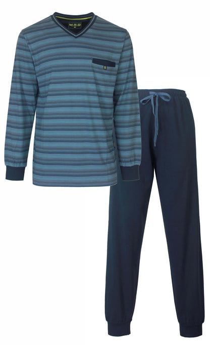 Gestreepte blauwe pyjama set met lange mouwen en broek, gemaakt van 100% gekamde katoen