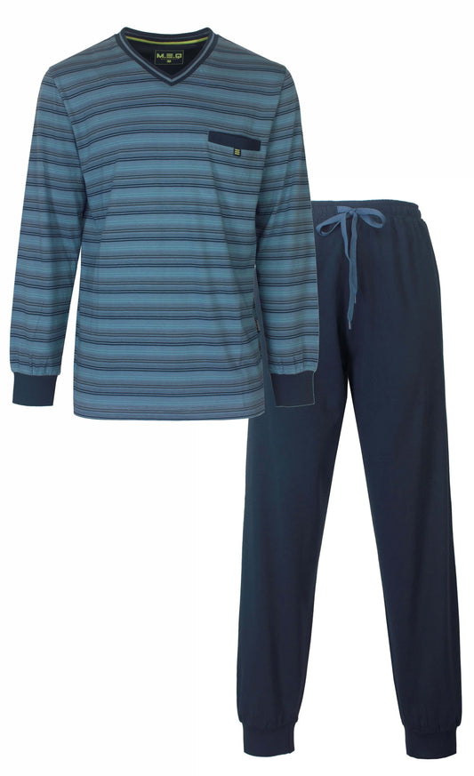 Gestreepte blauwe pyjama set met lange mouwen en broek, gemaakt van 100% gekamde katoen
