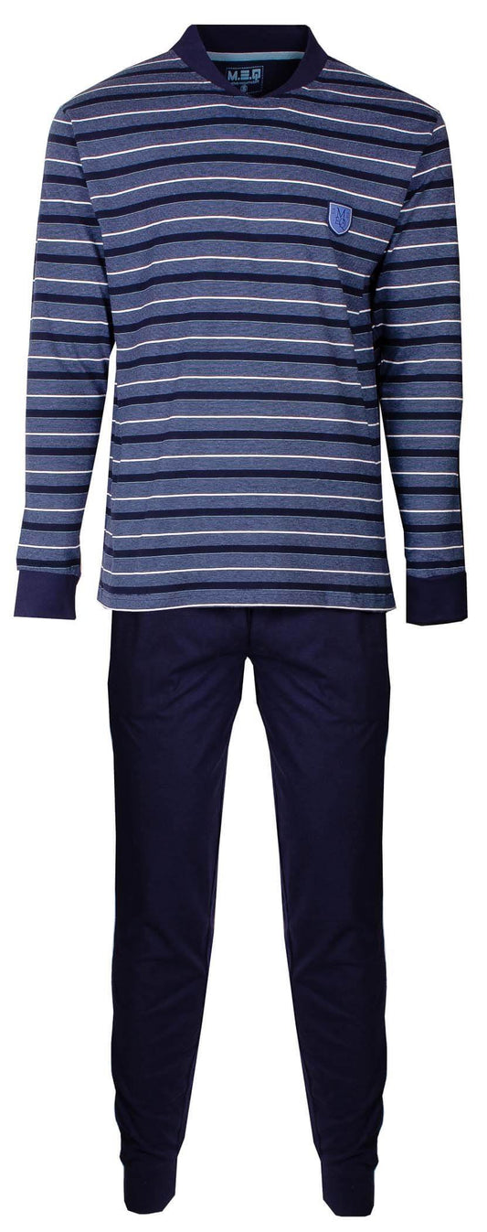 Blauwe gestreepte heren pyjama set met lange mouwen en lange broek, gemaakt van 100% gekamde katoen.