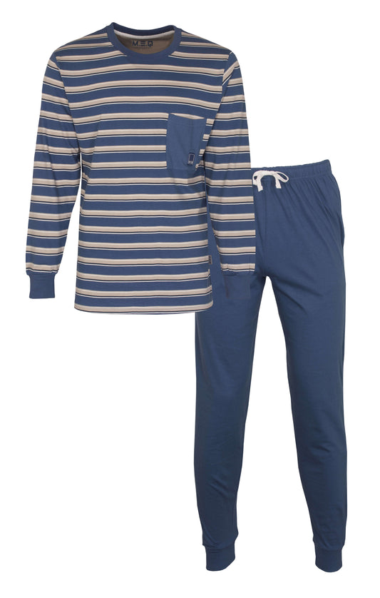Blauwe gestreepte heren pyjama set met lange mouwen en broek, gemaakt van 100% katoen met een borstzakje