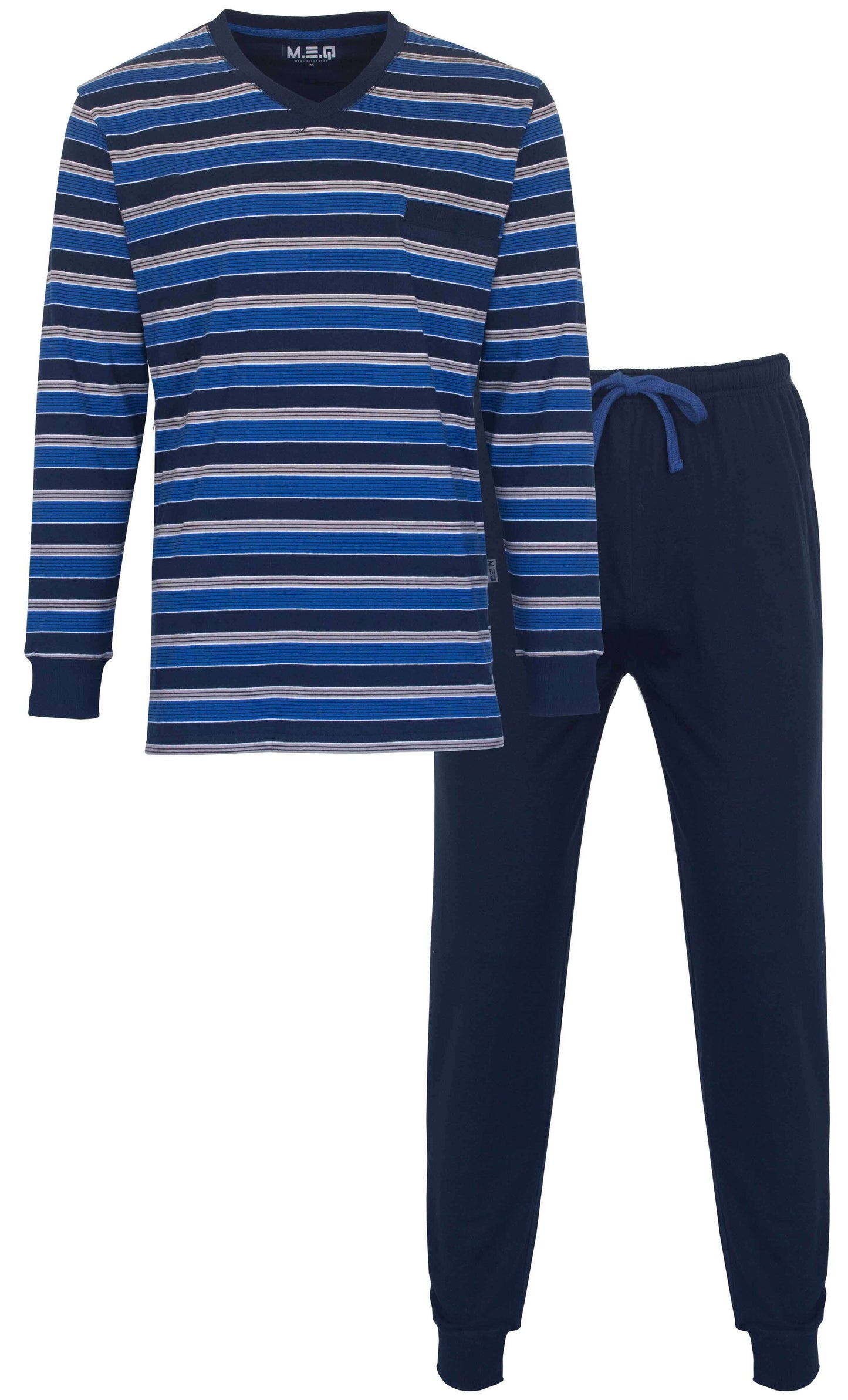 Blauw gestreepte heren pyjama met lange mouwen en bijpassende effen blauwe broek, gemaakt van 100% katoen.