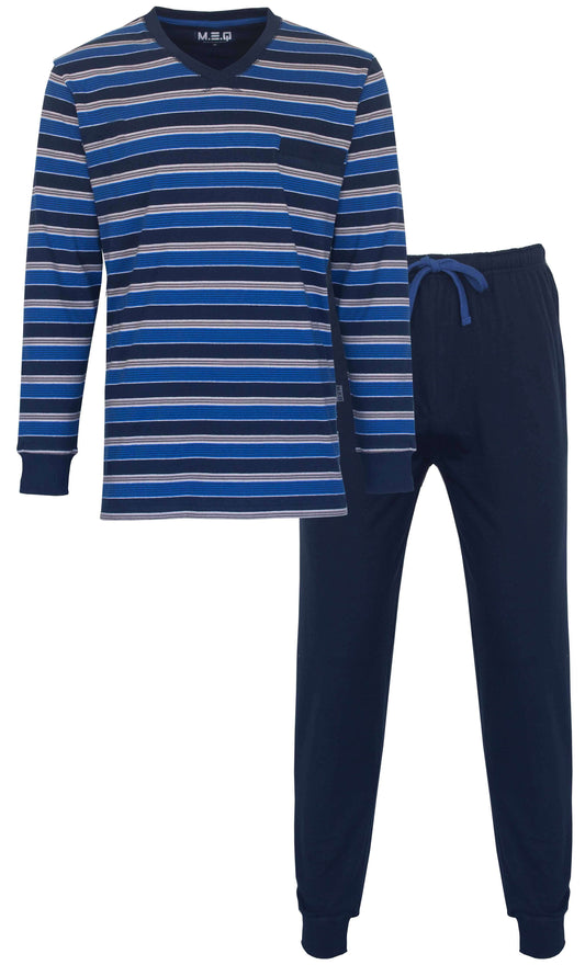 Blauw gestreepte heren pyjama met lange mouwen en bijpassende effen blauwe broek, gemaakt van 100% katoen.