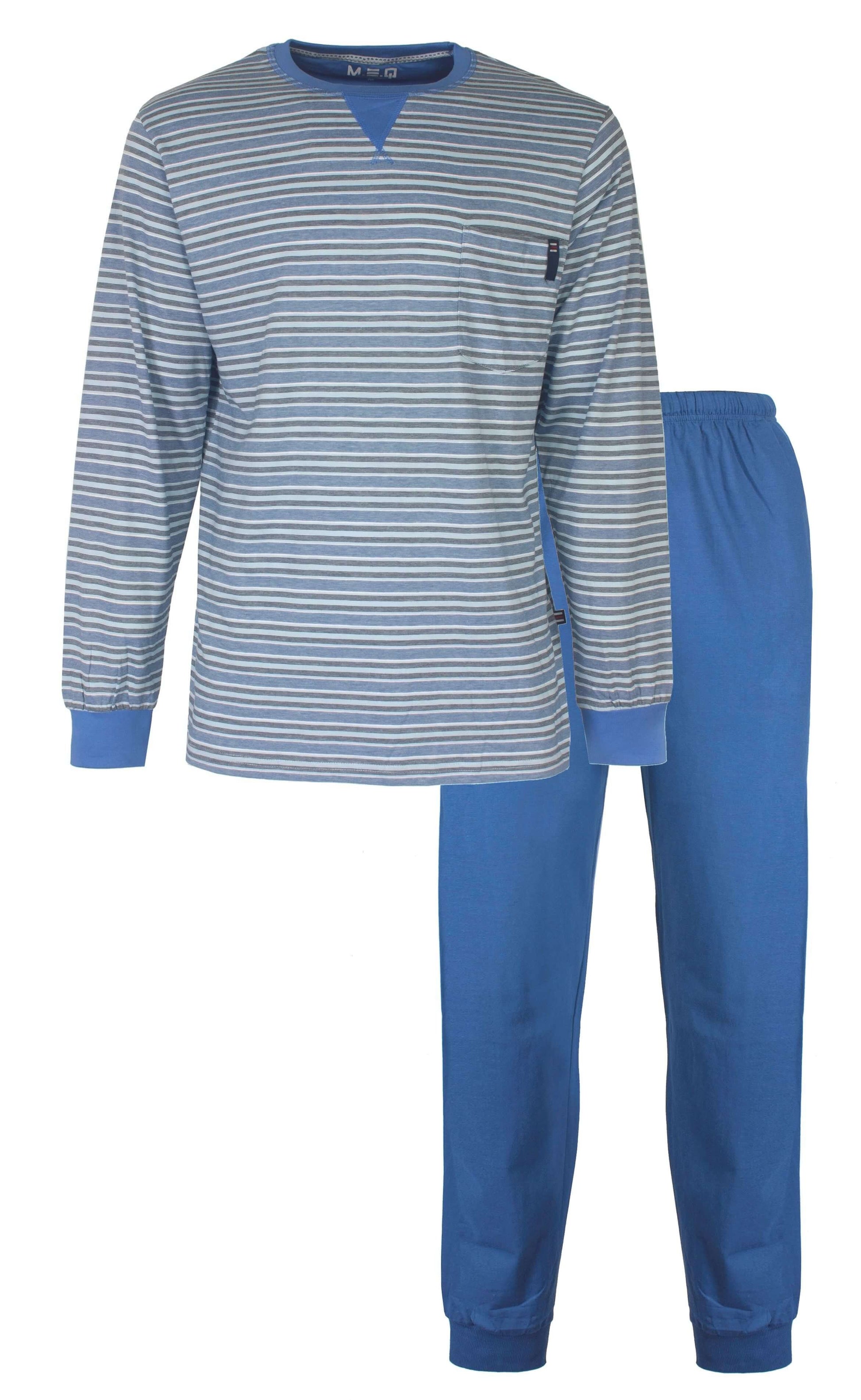 Blauw gestreepte pyjama set met lange mouwen en ronde hals, gemaakt van katief effen blauwe broek van katoen.
