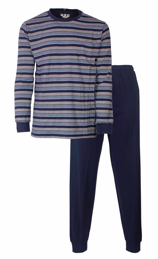 Gestreepte blauwe pyjama met lange mouwen en ronde hals, bestaande uit shirt en broek inpassende broek.