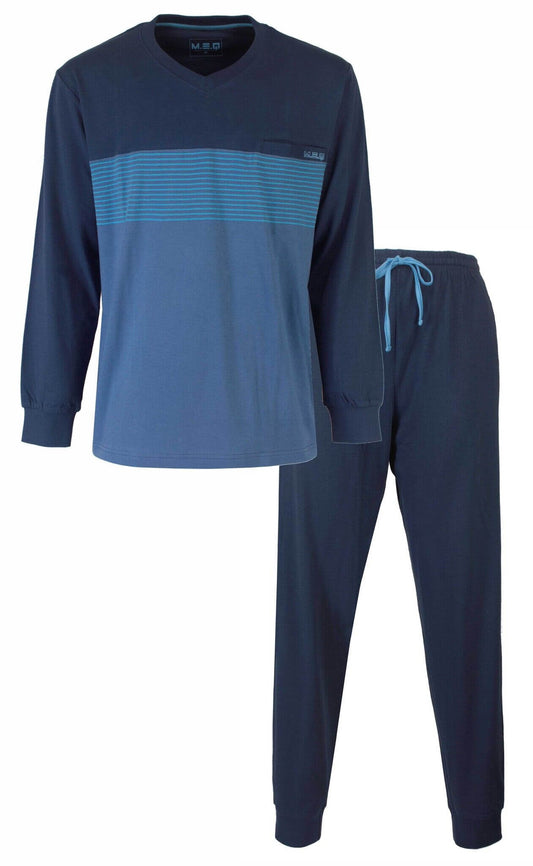 Donkerblauwe heren pyjama set met gestreept dessin op de bovenkant, V-hals en effen broek met trekkoord