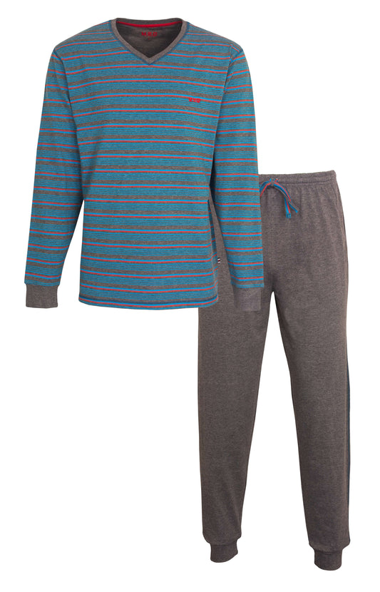 Gestreepte donkergrijze pyjama set met V-hals shirt en lange broek, blauw-rode strepen op shirt