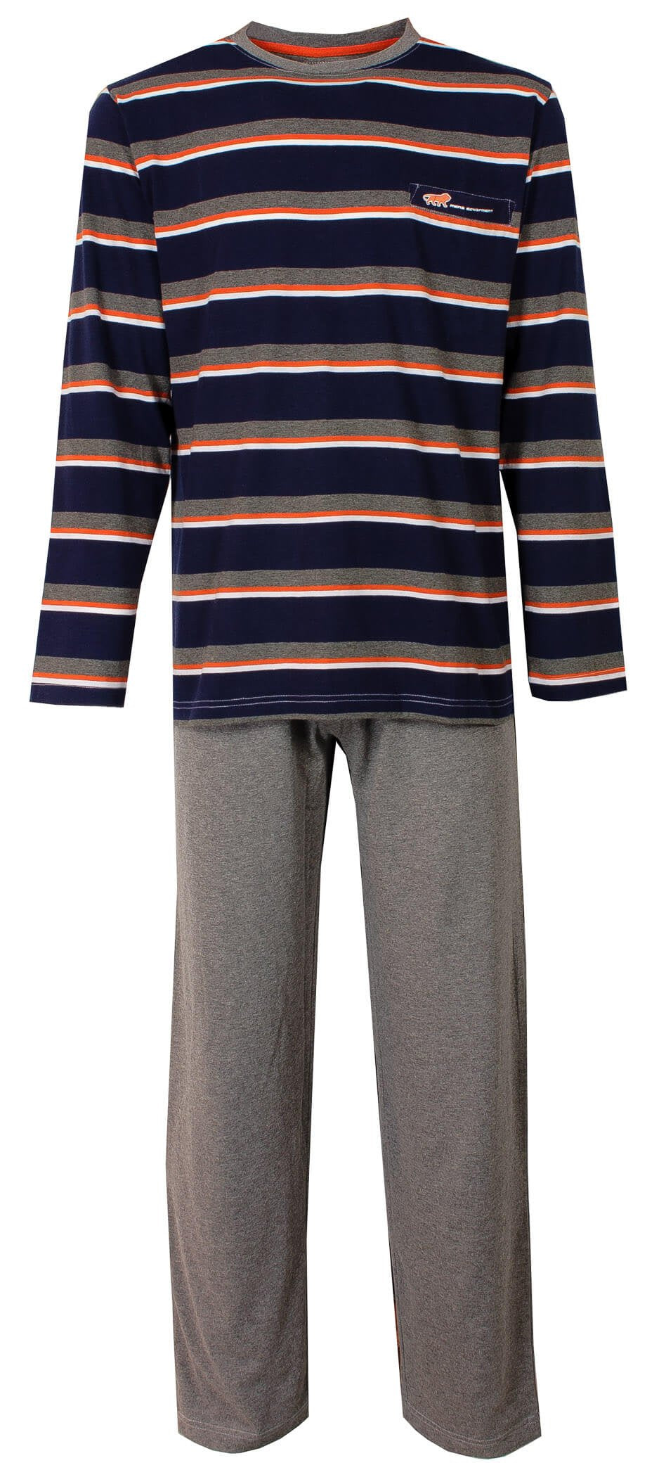 Heren pyjama set met gestreepte top in marineblauw, grijs en oranje, en een grijze broek van katoen