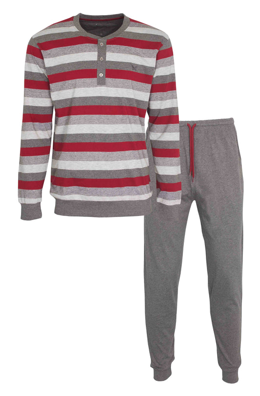 Grijze heren pyjama set met gestreepte top in rood, wit en grijs. Lange mouwen, polo heffen grijze broek.