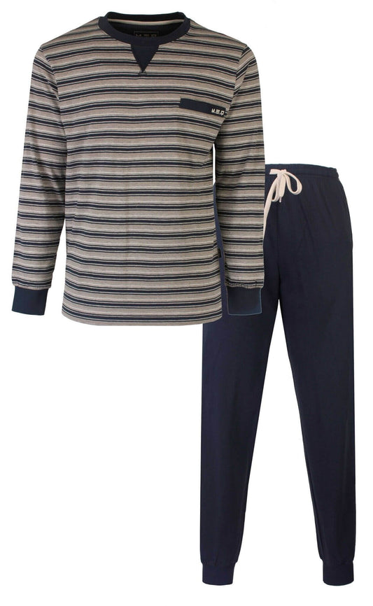Gestreepte pyjama set met lange mouwen en broek. Shirt in beige en navy strepen, navy broek met trekkoord.