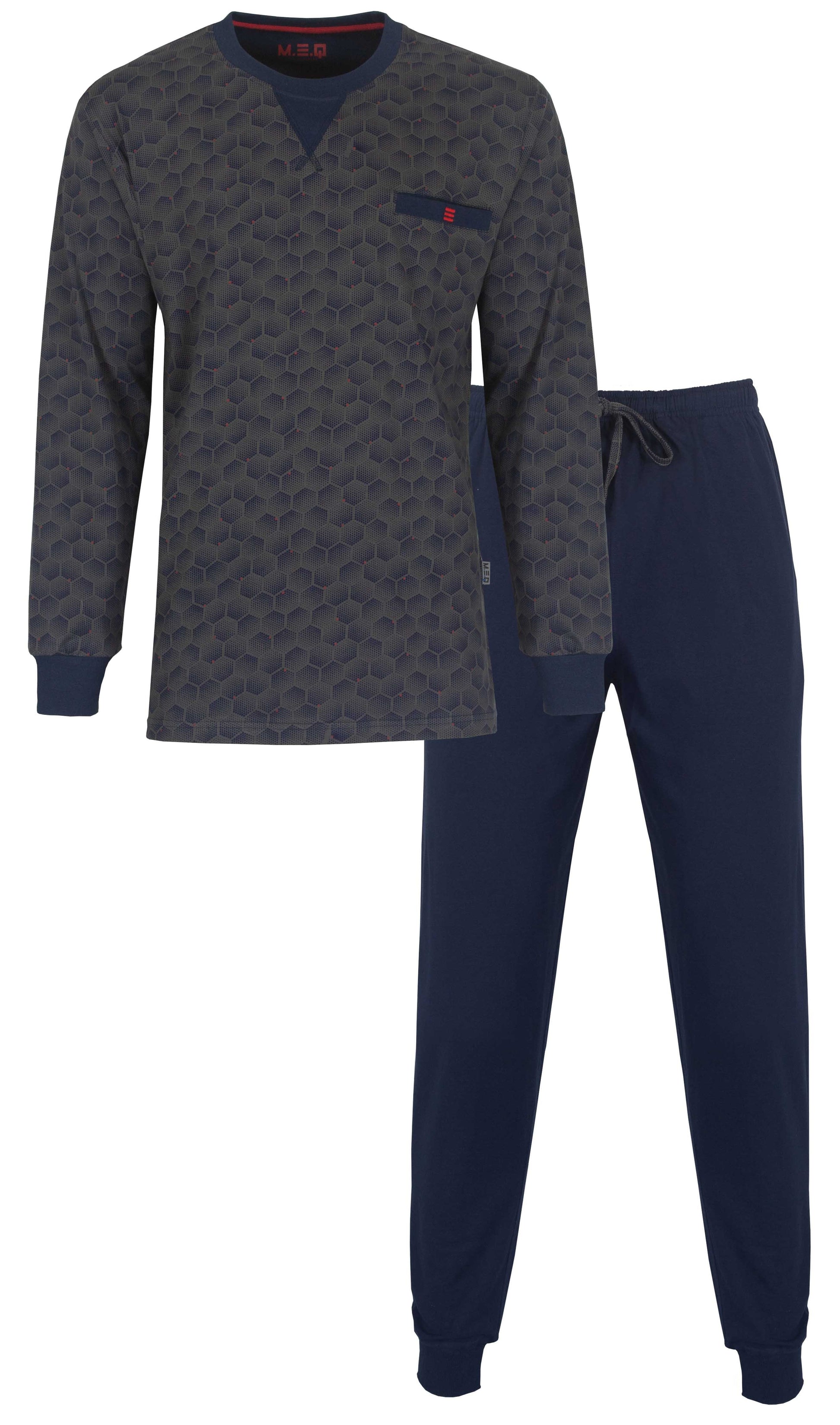 Grijze heren pyjama set, bovenstuk met hexagon patroon en lange mouwen, effen blauwe broek met trekkoord