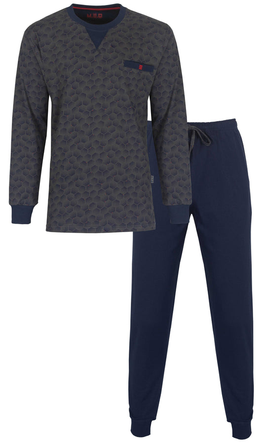 Grijze heren pyjama set, bovenstuk met hexagon patroon en lange mouwen, effen blauwe broek met trekkoord
