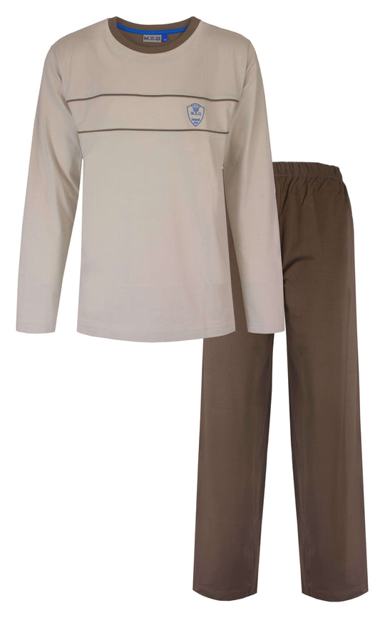 Beige longsleeve pyjama top met MEQ-logo en bruine broek. Comfortabele set van 100% katoen voor heren.