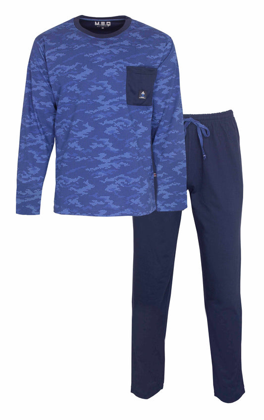 Blauwe heren pyjama set met camouflageprint op shirt, lange mouwen, borstzakje en effen lange broek