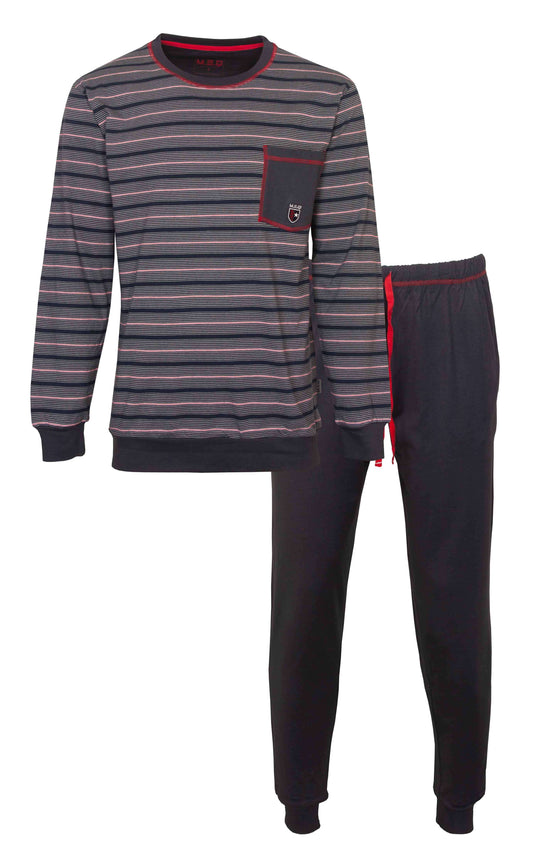 Blauw gestreepte heren pyjama set met lange mouwen en broek, opgestikt borstzakje met logo.