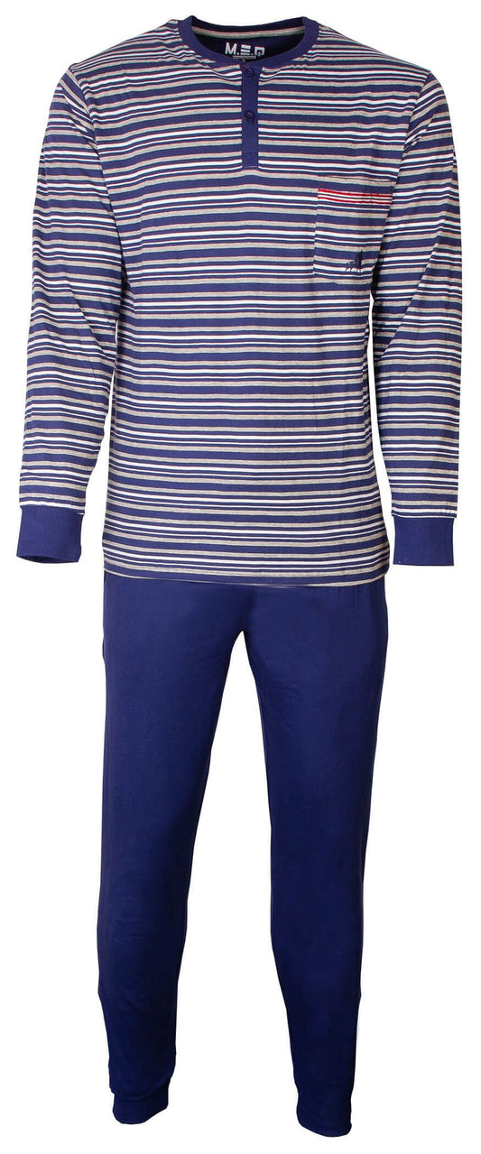 Gestreepte blauwe en grijze heren pyjama met lange mouwen en lange broek, gemaakt van katoen met knoopsluiting.