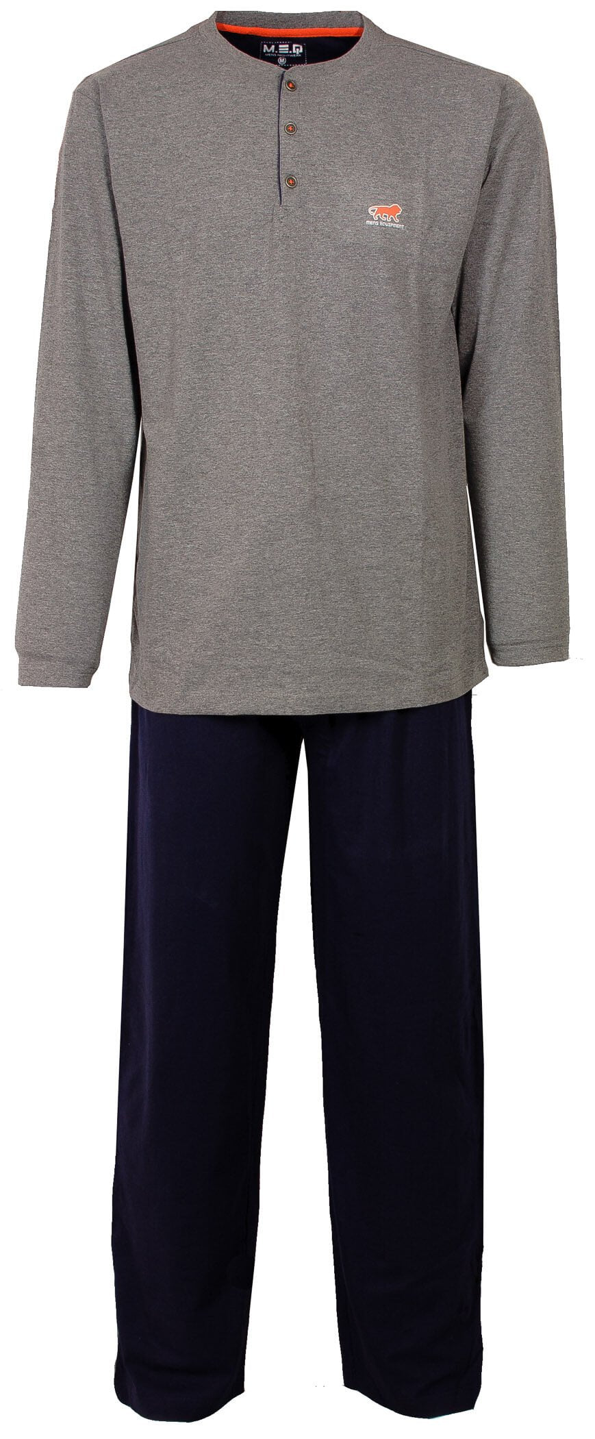 Grijze heren pyjama set met lange mouwen en broek. Shirt met knoopsluiting en logo, broek met trekkoord.