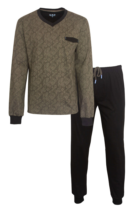 Leger groene pyjama set met geometrisch patroon op shirt, V-hals, lange mouwen en zwarte broek met trekkoord