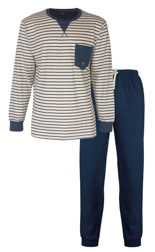 Blauwe gestreepte heren pyjama set met lange mouwen en broek. Shirt heeft borstzak en V-inzet bij hals.