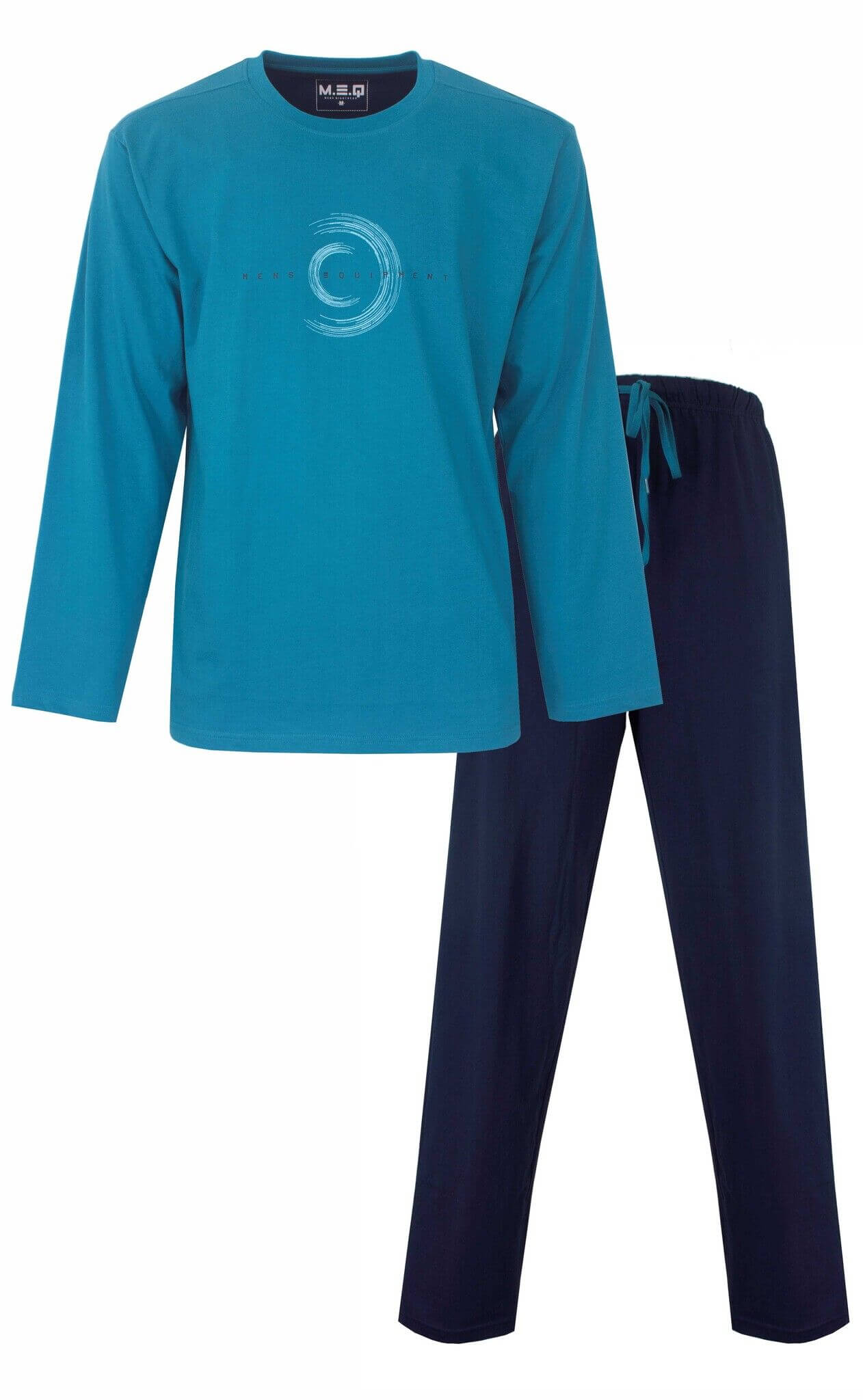 Aqua groene pyjama met lange mouwen en ronde hals, met een cirkelvormig logo op de borst, en een donkerblauwe broek.