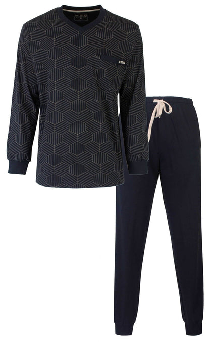 Donkerblauwe heren pyjama set met geometrisch geprint shirt en lange broek met trekkoord