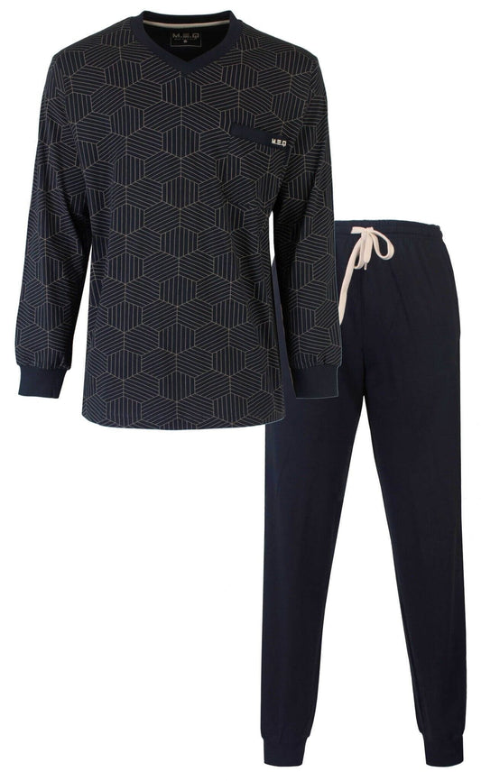 Donkerblauwe heren pyjama set met geometrisch geprint shirt en lange broek met trekkoord