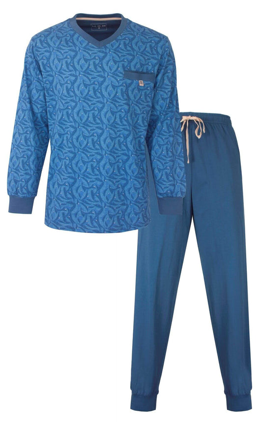 Blauwe heren pyjama met paisley print, lange mouwen en V-hals. Set bestaat uit shirt en bijpassende broek.
