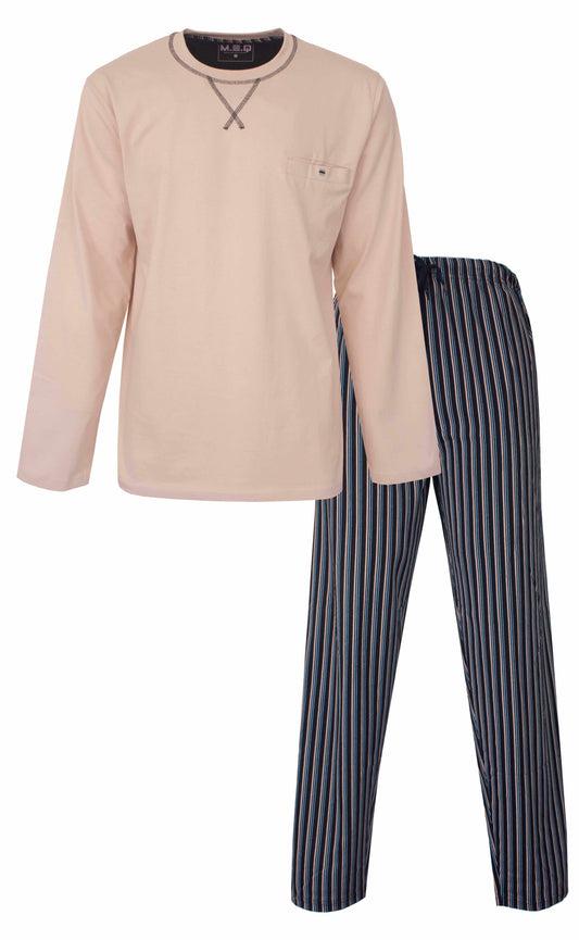 Beige pyjama set met lange mouwen en ronde hals, gestreepte broek in blauw en wit