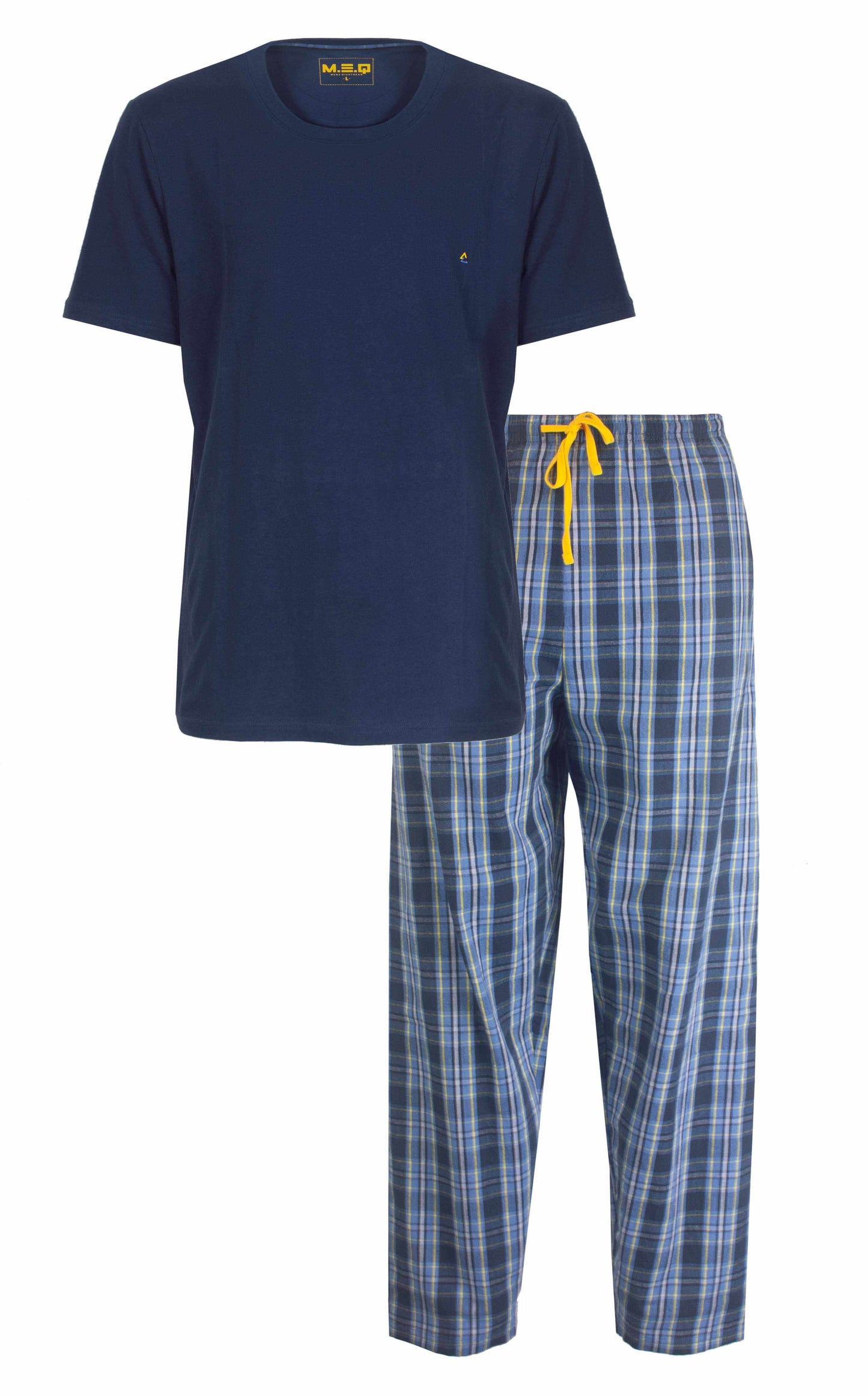 Marineblauw T-shirt met korte mouwen en geruite pyjamabroek met geel trekkoord, set voor heren